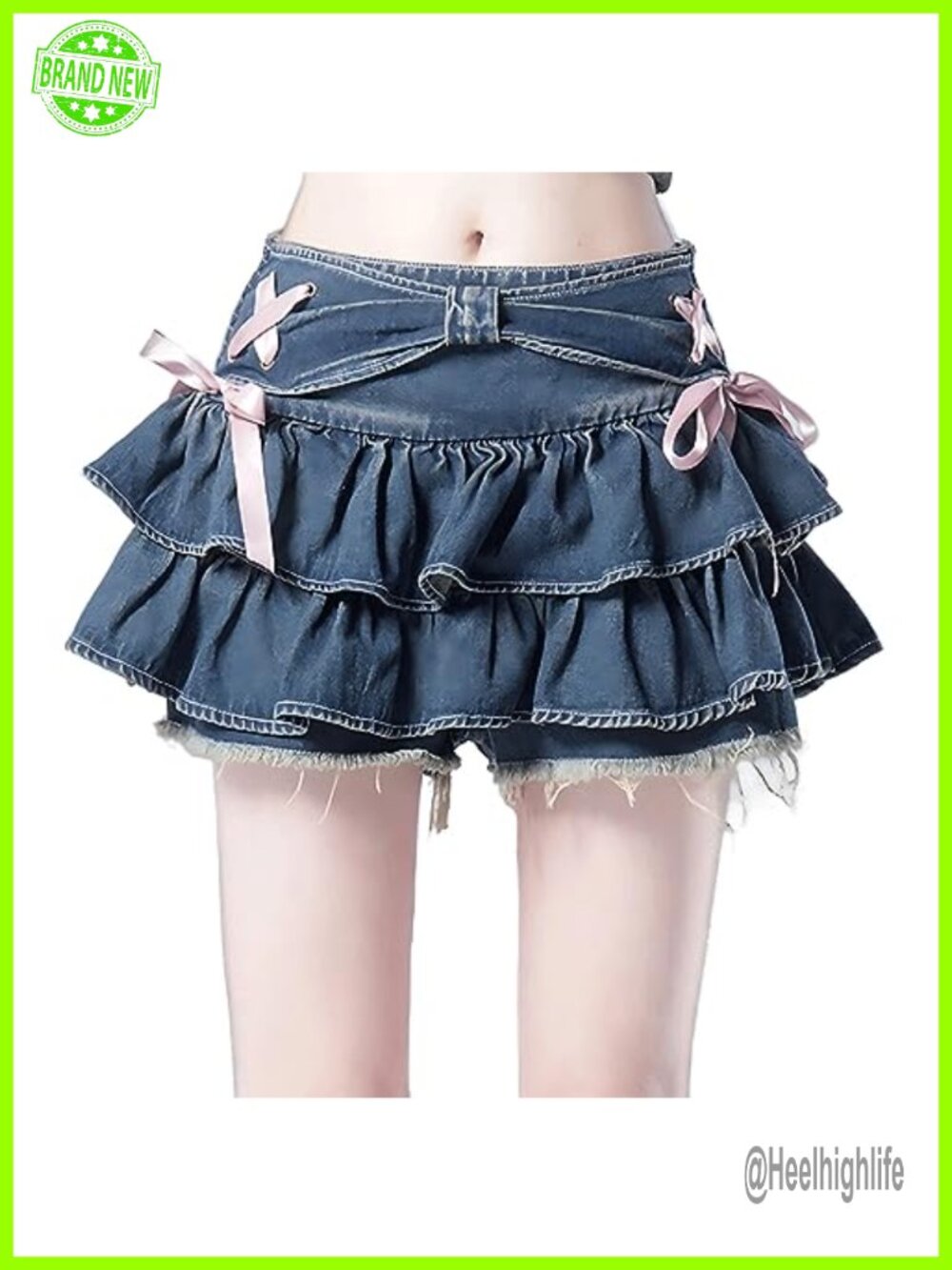 Y2K Gothic Kawaii Ribbon Pleated Denim Short Skirt Elastic High Rise